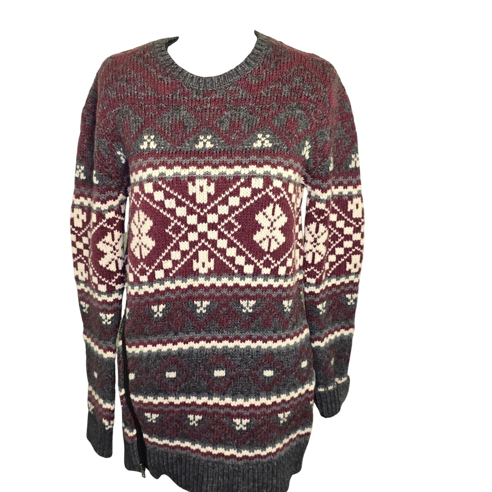 Ann Taylor Fair Isle Wool Alpaca Blend Side Zip Sweater Burgundy Grey Apris Ski
